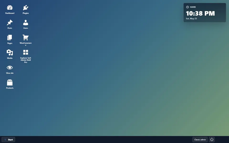Explorer Soft Admin Shell desktop with WordPress shortcuts, clock widget and taskbar