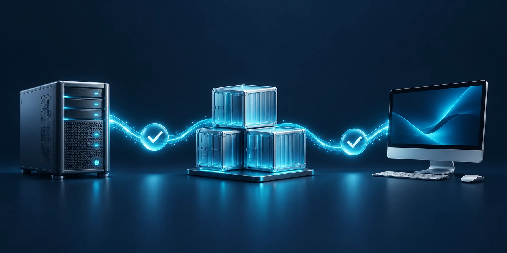 Illustration of software updates across a server, containers and a workstation