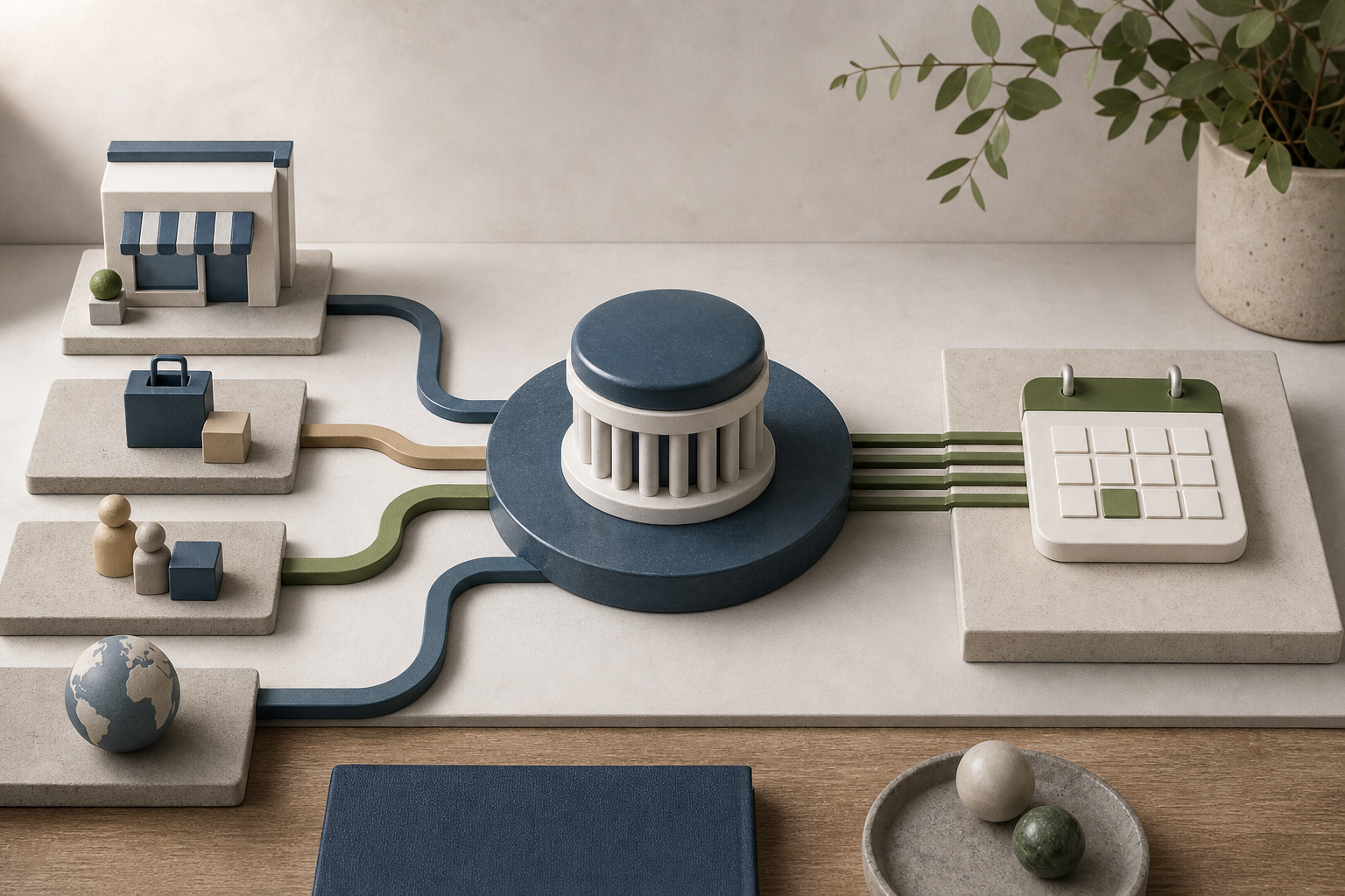 Editorial illustration of several business channels converging into one controlled operating system.